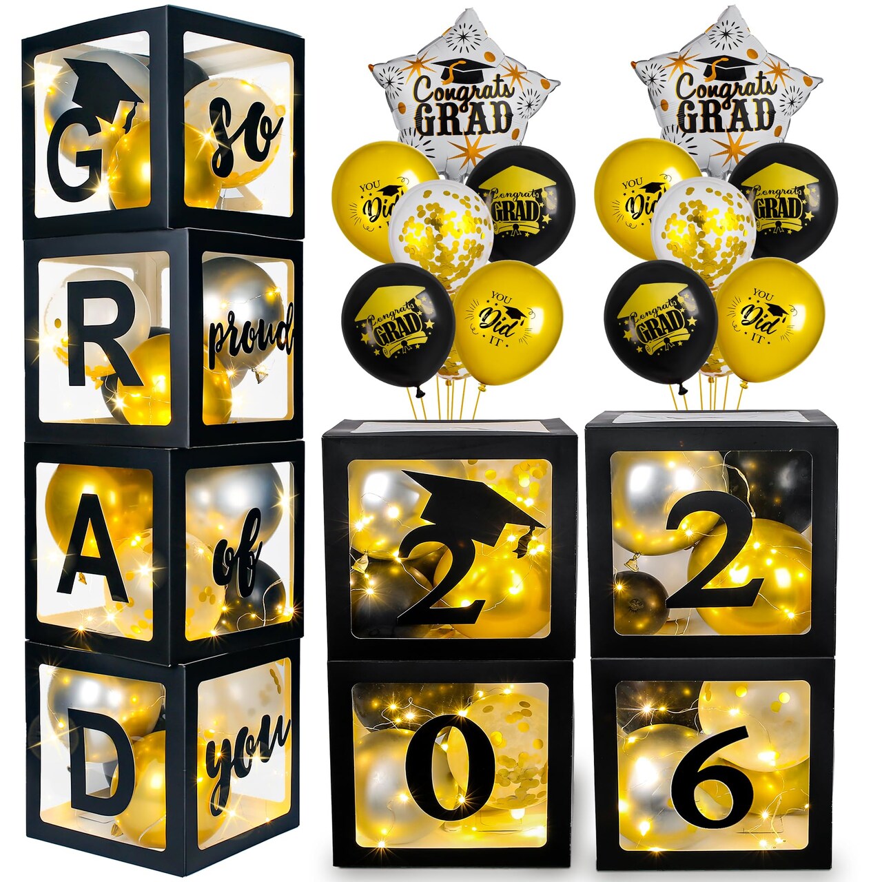 Graduation Decorations 2026-Graduation Party Decorations,Graduation Balloons Boxes(4PCS) with LED Light Strings & Letters 2026 GRAD So Proud of You,Party Favors For Any Grades Class.